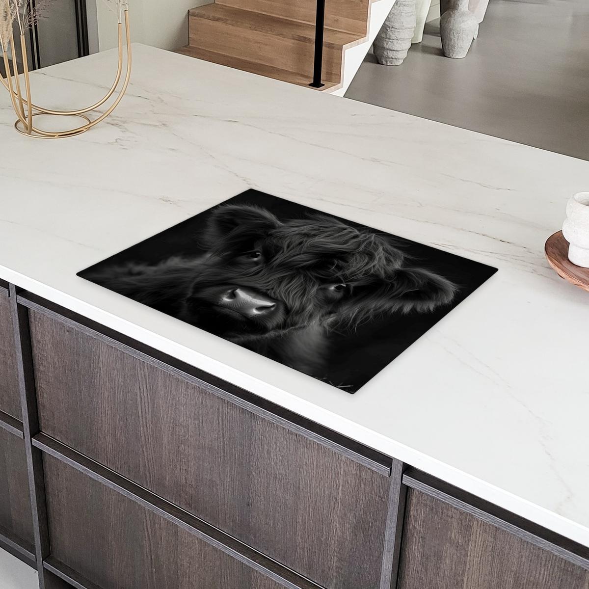 HERDABDECKPLATTE Scottish Highlander - Schwarz - Kalb - Kuh Induktionsmatte 71x52 cm - Schwarz, Kunststoff (71/52/0.2cm) - MuchoWow