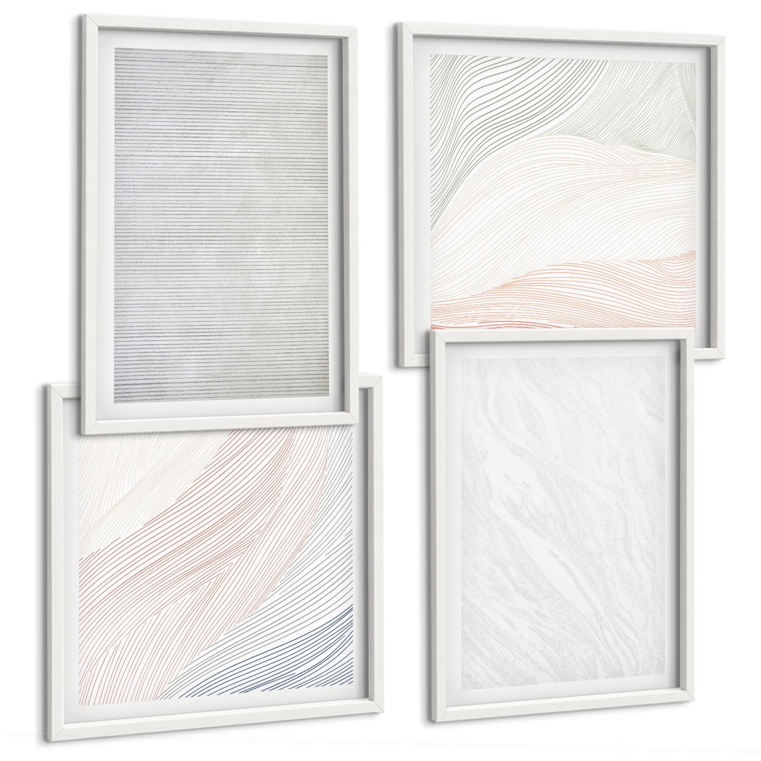 BILDER SET 4er Set - 50x50 cm & 40x60 cm Weißer Rahmen - Leuchtende Strukturen, Sandmuster - Weiß, Kunststoff (50/50cm) - TULUP