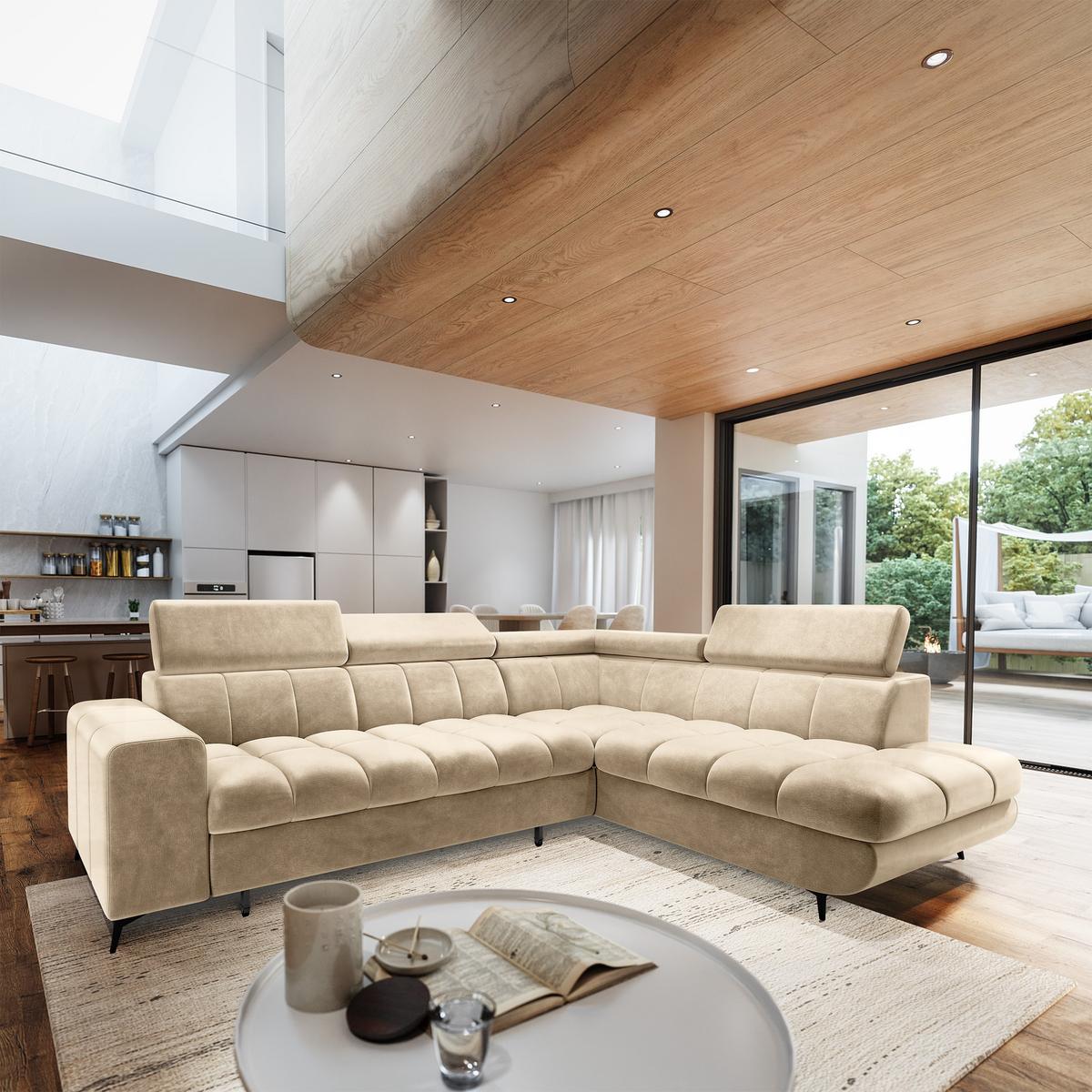 ECKSOFA MORIVA R-S Creme Velours-Stoff mit Schlaffunktion - Creme, Holz (253/190cm) - MASSENO