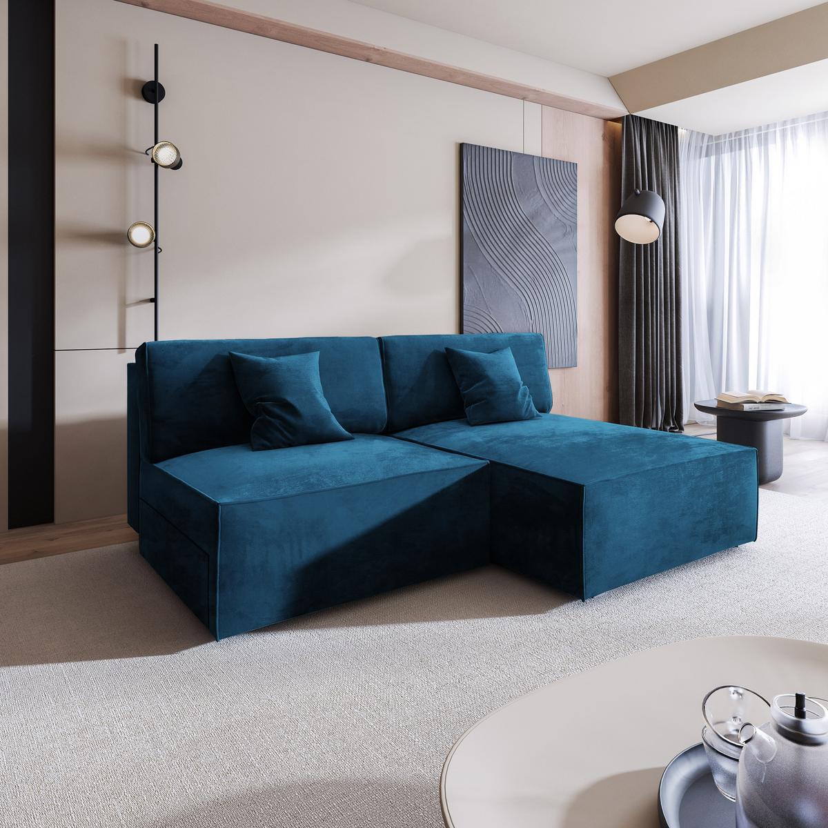 ECKSOFA FIORO M Blau Velours-Stoff mit Schlaffunktion - Blau/Grau, Holz/Kunststoff (204/148cm) - MASSENO