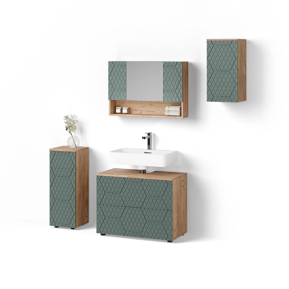 BADMÖBEL-SET Ronco Grün/Goldkraft Eiche 4 Teile - Honigeiche/Grün, Holzwerkstoff (80/58/41cm) - Livinity®