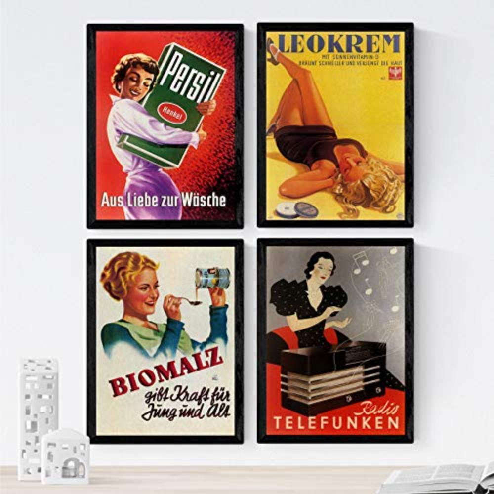 POSTER Set mit 4 Jahrgang Anzeigen mit Frauen A4 Schwarzer Rahmen - Schwarz, Papier (29.7/3cm) - Nacnic