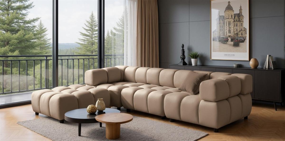POLSTERHOCKER Flow - Hellbraun, Holzwerkstoff/Textil (96/42/96cm) - Fun Möbel