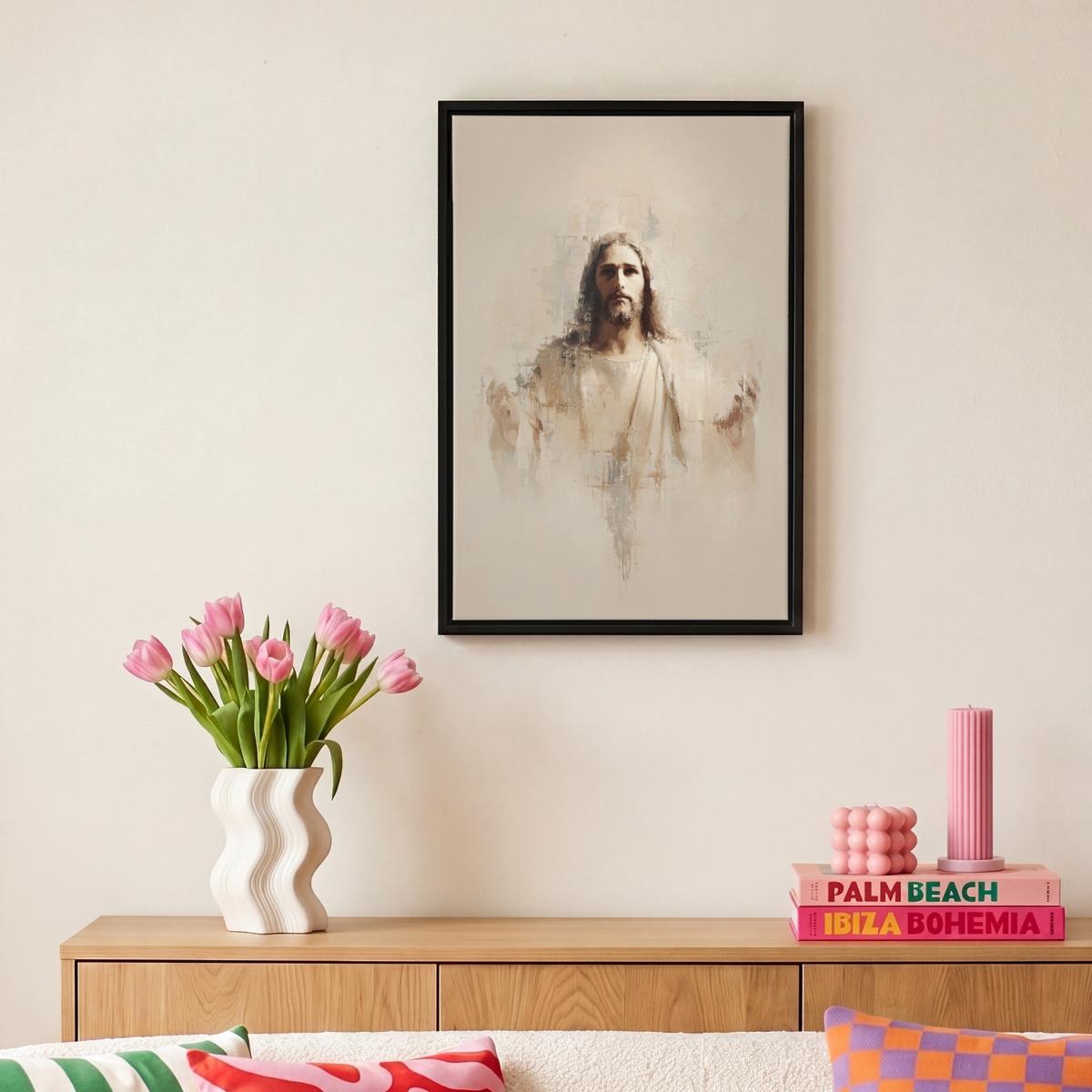LEINWAND Bilder mit Rahmen - Porträt - Abstrakt - Jesus - Beige - 20x30 - Beige, Textil (20/30cm) - MuchoWow