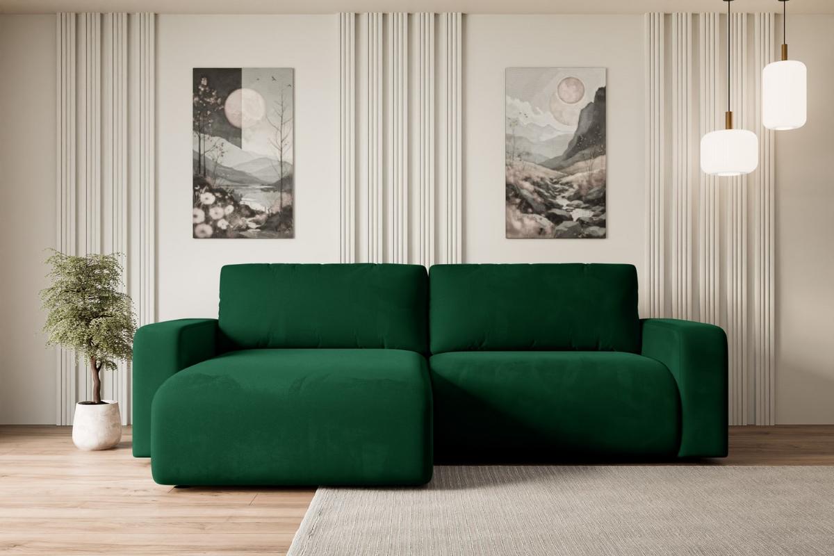 ECKSOFA mit Schlaffunktion und Bettkasten KLEEA-L - 247x143x83 cm Grün Velours - Schwarz/Grün, Holzwerkstoff/Kunststoff (247/143cm) - ALTDECOR