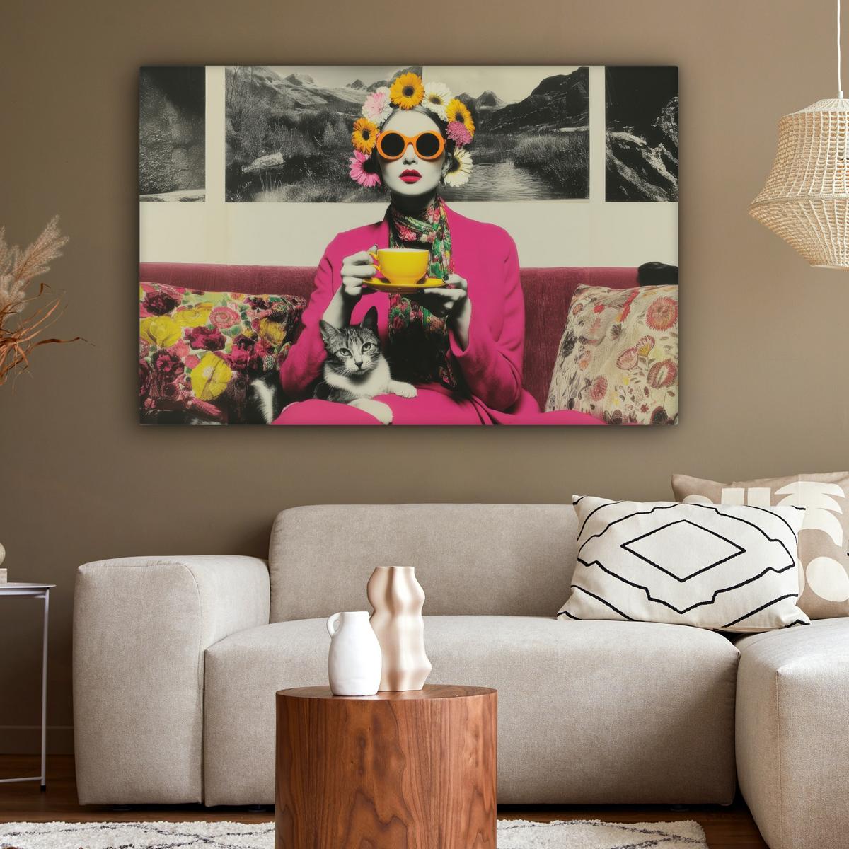 LEINWANDBILD Frau - Katze - Blumen - Tasse - Retro Groß 140x90 cm - Magenta, Textil (140/90cm) - MuchoWow