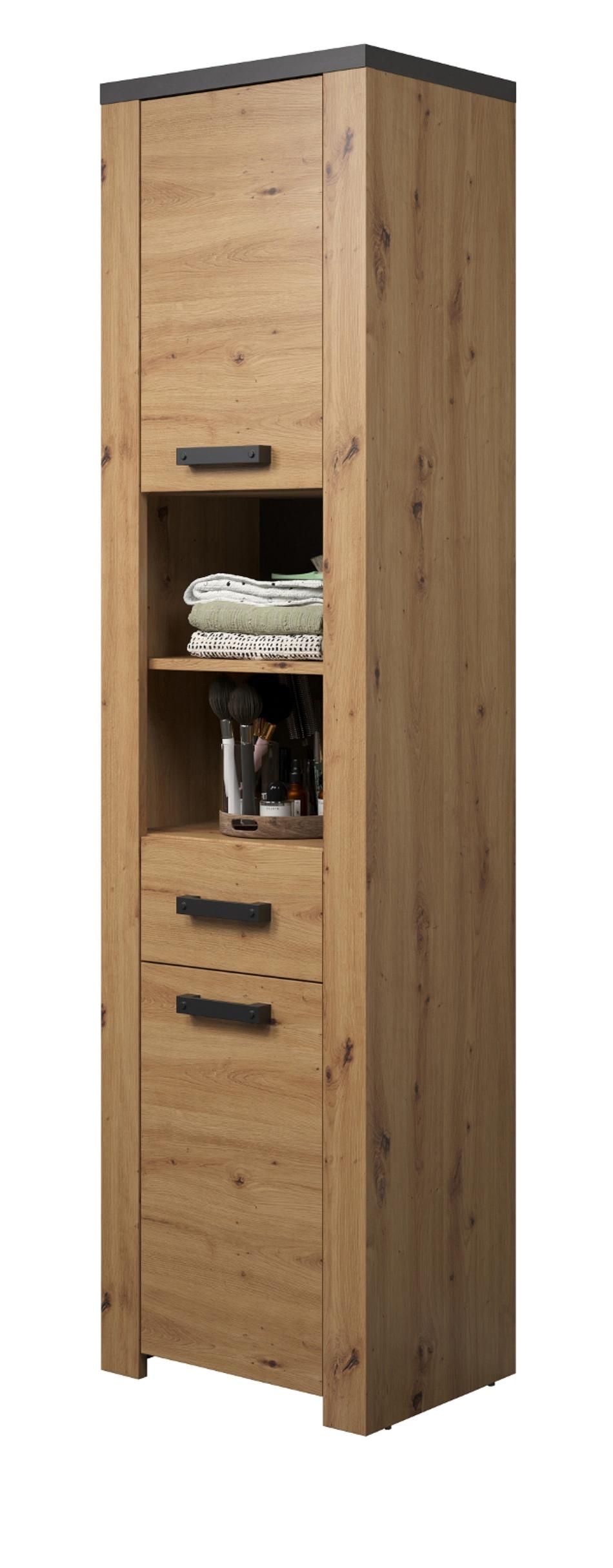 HOCHSCHRANK Eiche Artisan, grau 53 x 196 cm, Badschrank mit 6 Fächern und Vollauszug - Eichefarben/Schwarz, Holzwerkstoff/Kunststoff (53/196/35cm) - Top.Furn