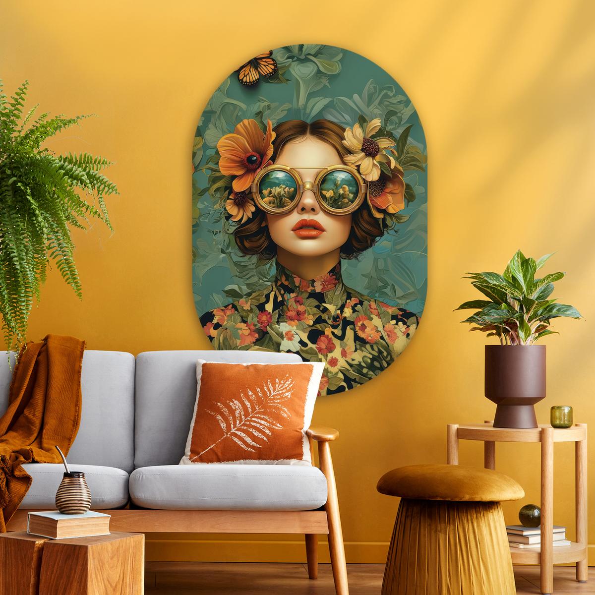 WANDBILD Frau - Blumen - Schmetterlinge - Natur - Vintage Deko Groß 80x120 cm - Petrol, Kunststoff (80/120cm) - MuchoWow