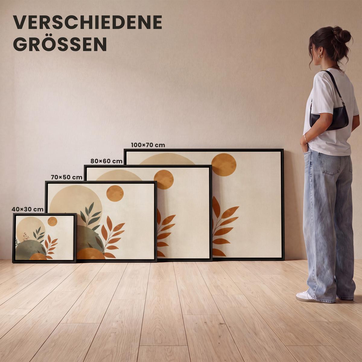LEINWAND Bilder mit Rahmen - Formen - Rund - Blätter - Beige - 40x30 - Rostfarben, Textil (40/30cm) - MuchoWow