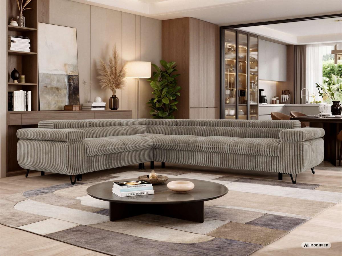 ECKSOFA NORDEN L - Hellbraun Cord - Rechts Seite - Hellbraun/Schwarz, Textil/Metall (329/269cm) - MKS