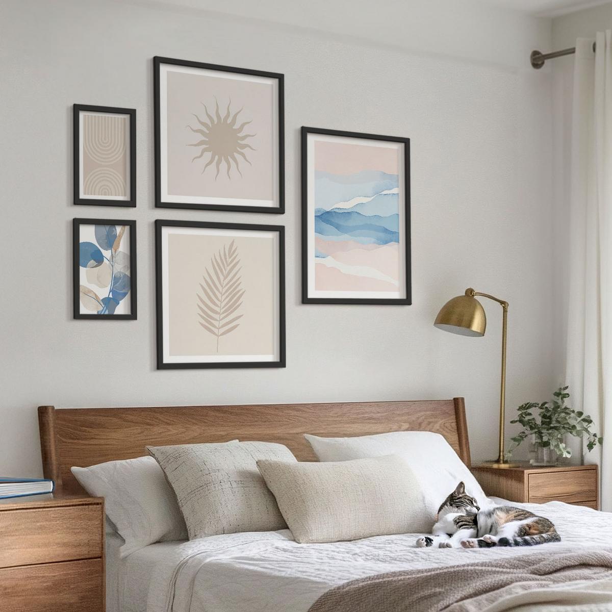 BILDER SET 5er Set - 50x50 cm & 20x30 cm & 40x60 cm Schwarzer Rahmen - Abstrakte Linien der Sonnenwellen - Schwarz, Kunststoff (40/60cm) - TULUP
