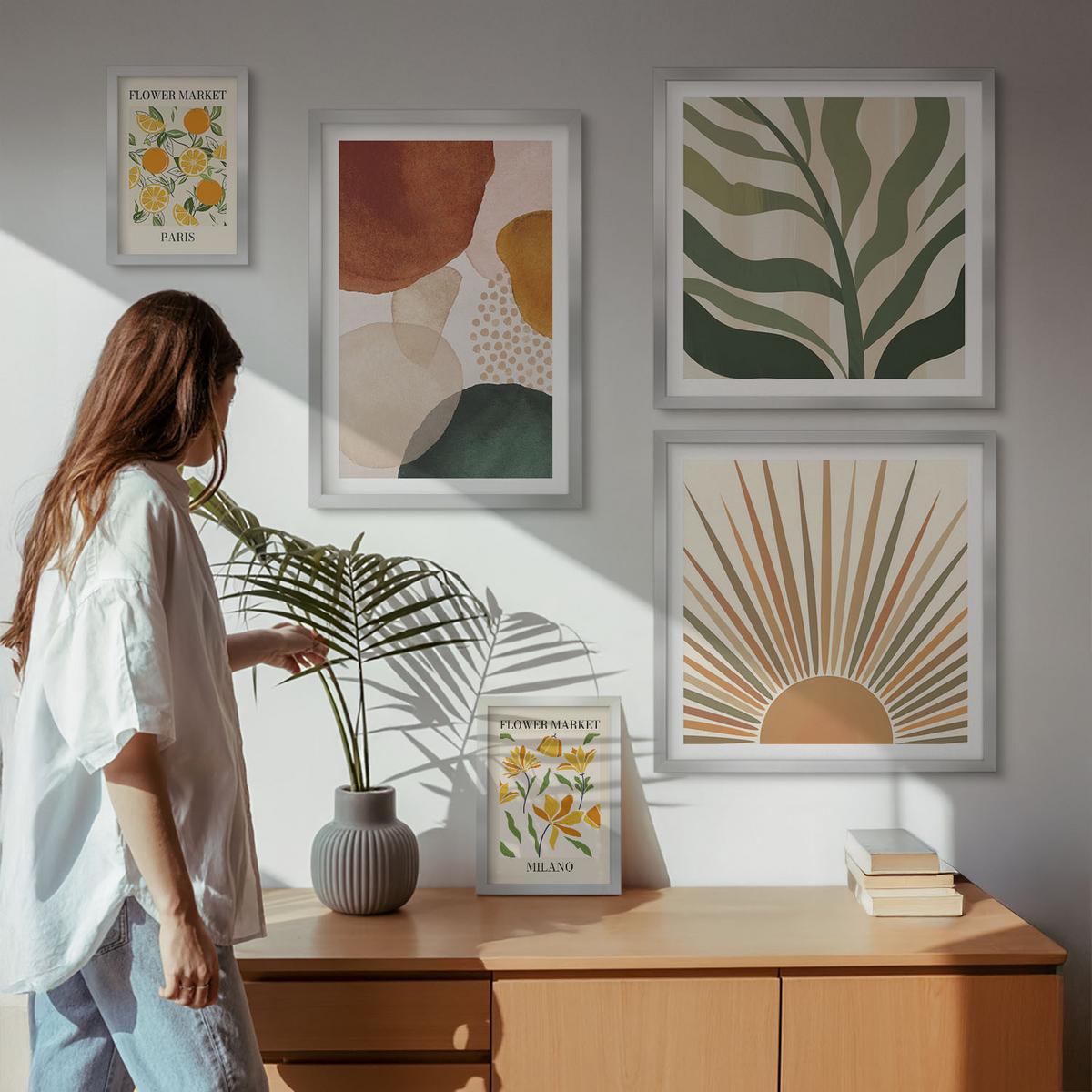 BILDER SET 5er Set - 50x50 cm & 20x30 cm & 40x60 cm Silberner Rahmen - Abstrakte Blumenmotive - Silberfarben, Kunststoff (40/60cm) - TULUP