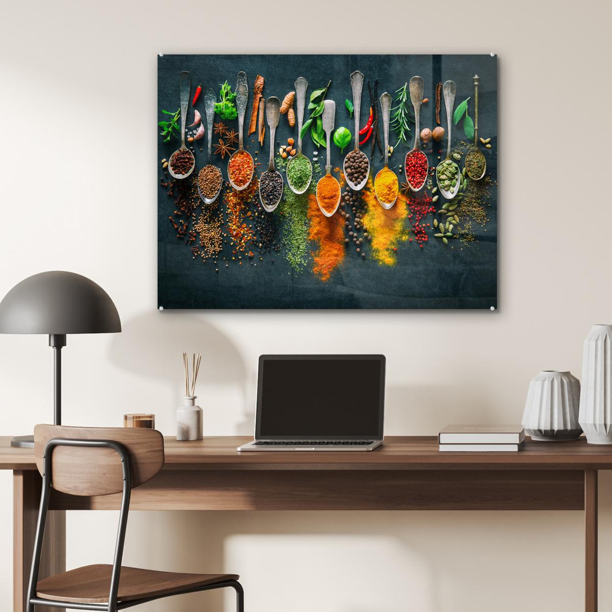 ACRYLGLASBILD Kräuter - Gewürze - Löffel 80x60 cm - Currygelb, Glas (80/60cm) - MuchoWow