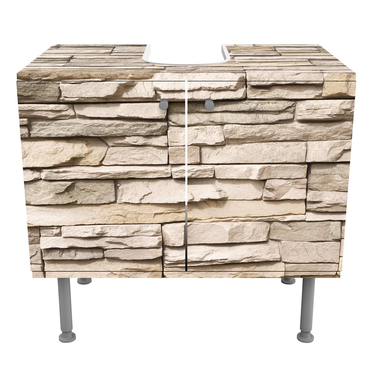 WASCHBECKENUNTERSCHRANK Asian Stonewall - Steinmauer aus großen hellen Steinen 60/55/35 cm - Beige, Holzwerkstoff (60/55/35cm) - Bilderwelten