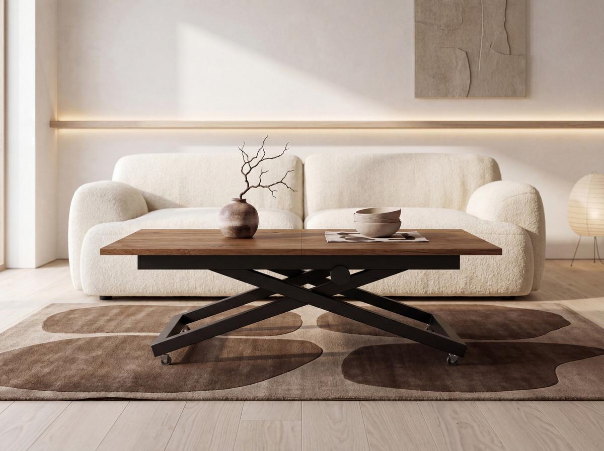 COUCHTISCH Axen höhenverstellbar ausziehbar, Eiche Braun Rustikal 120-160/80/38-75 cm - Alteiche/Schwarz, Holzwerkstoff/Metall (80/160/75cm) - WFL GROUP
