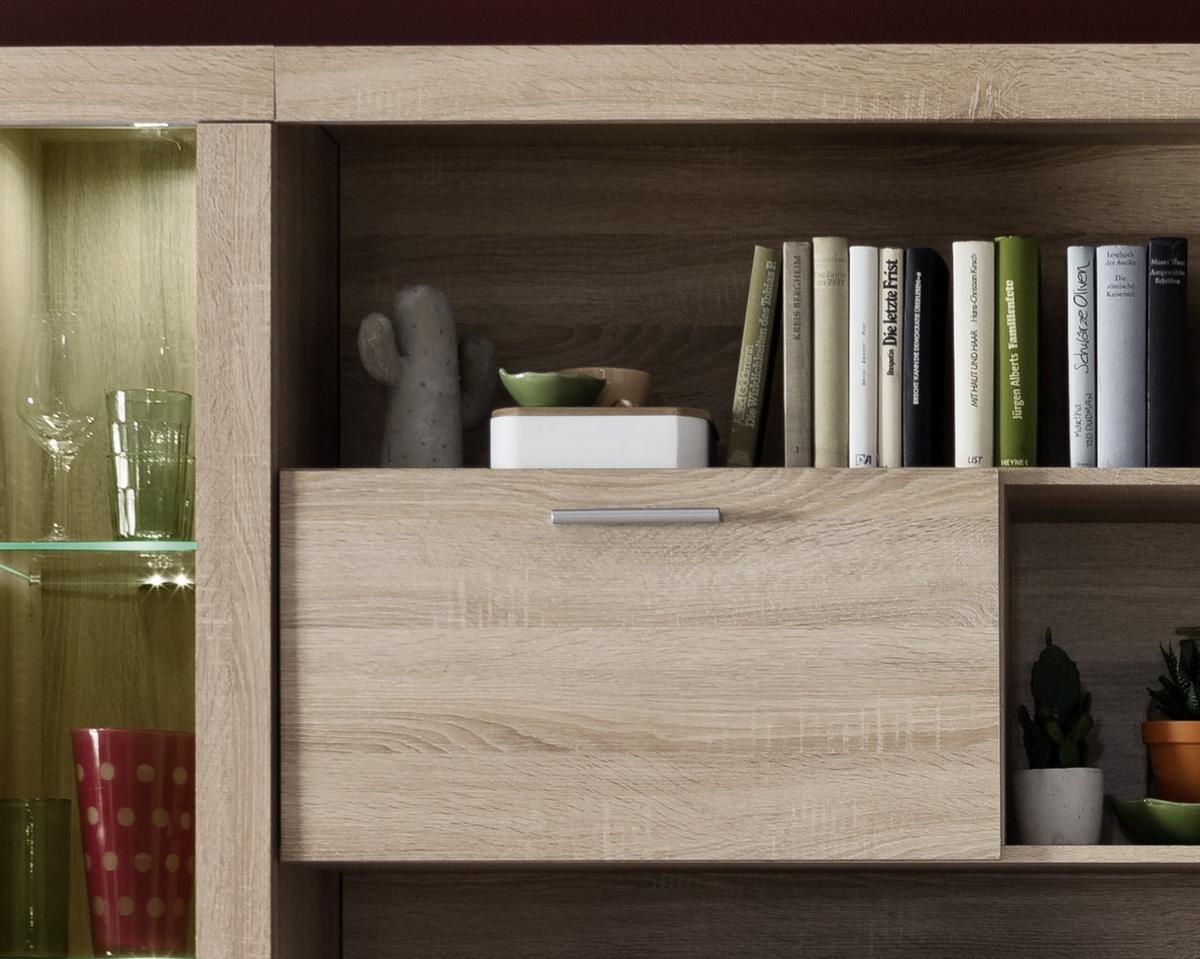 WOHNWAND Sonoma Eiche hell 291 cm, Schrankwand inklusive Beleuchtung - Eichefarben/Silberfarben, Glas/Holzwerkstoff (291/197/41cm) - Top.Furn