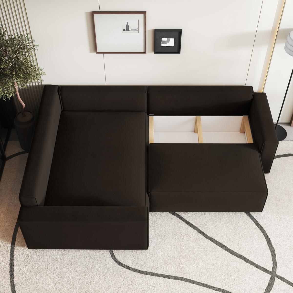 ECKSOFA ERONIS L-S Braun Velours-Stoff mit Schlaffunktion - Braun, Holz (265/194cm) - MASSENO