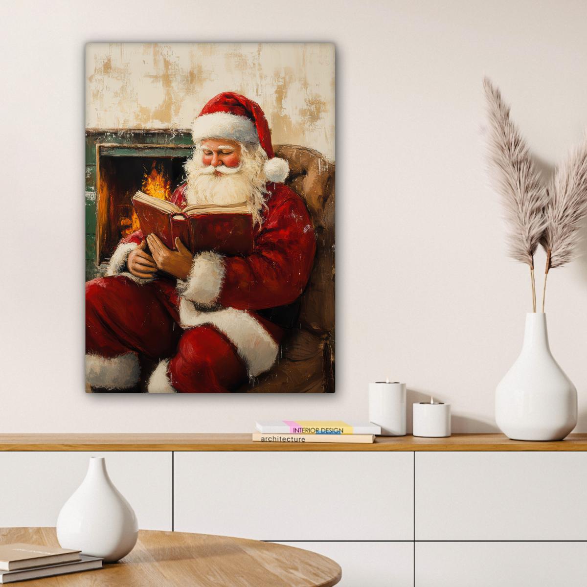 LEINWANDBILD Weihnachten - Weihnachtsmann - Winter - Open Fireside Wandbild Wohnzimmer 60x80 cm - Dunkelrot, Textil (60/80cm) - MuchoWow