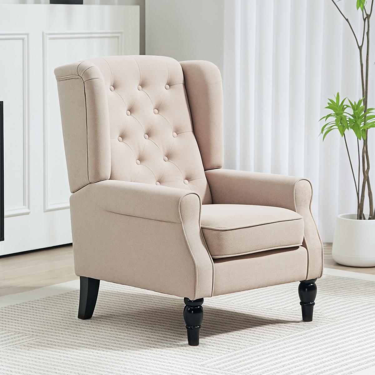 OHRENSESSEL Gepolstert Sessel mit Tufting, hoher Rückenlehne bis 160 kg, Beige - Beige/Schwarz, Holz/Textil (74/102/87cm) - HOMCOM
