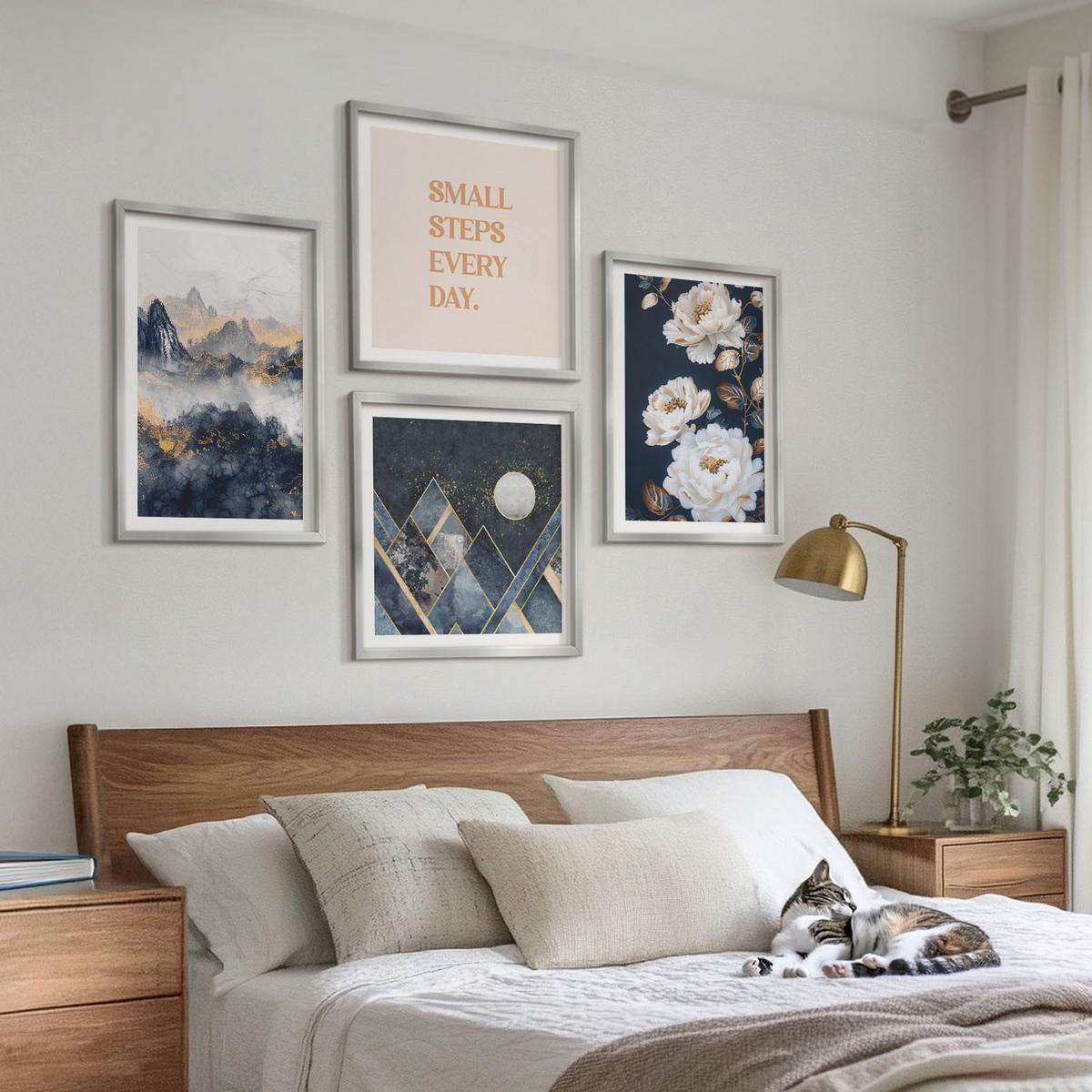 BILDER SET 4er Set - 50x50 cm & 40x60 cm Silberner Rahmen - Abstrakte Berge und Blumen Inspiration - Silberfarben, Kunststoff (50/50cm) - TULUP