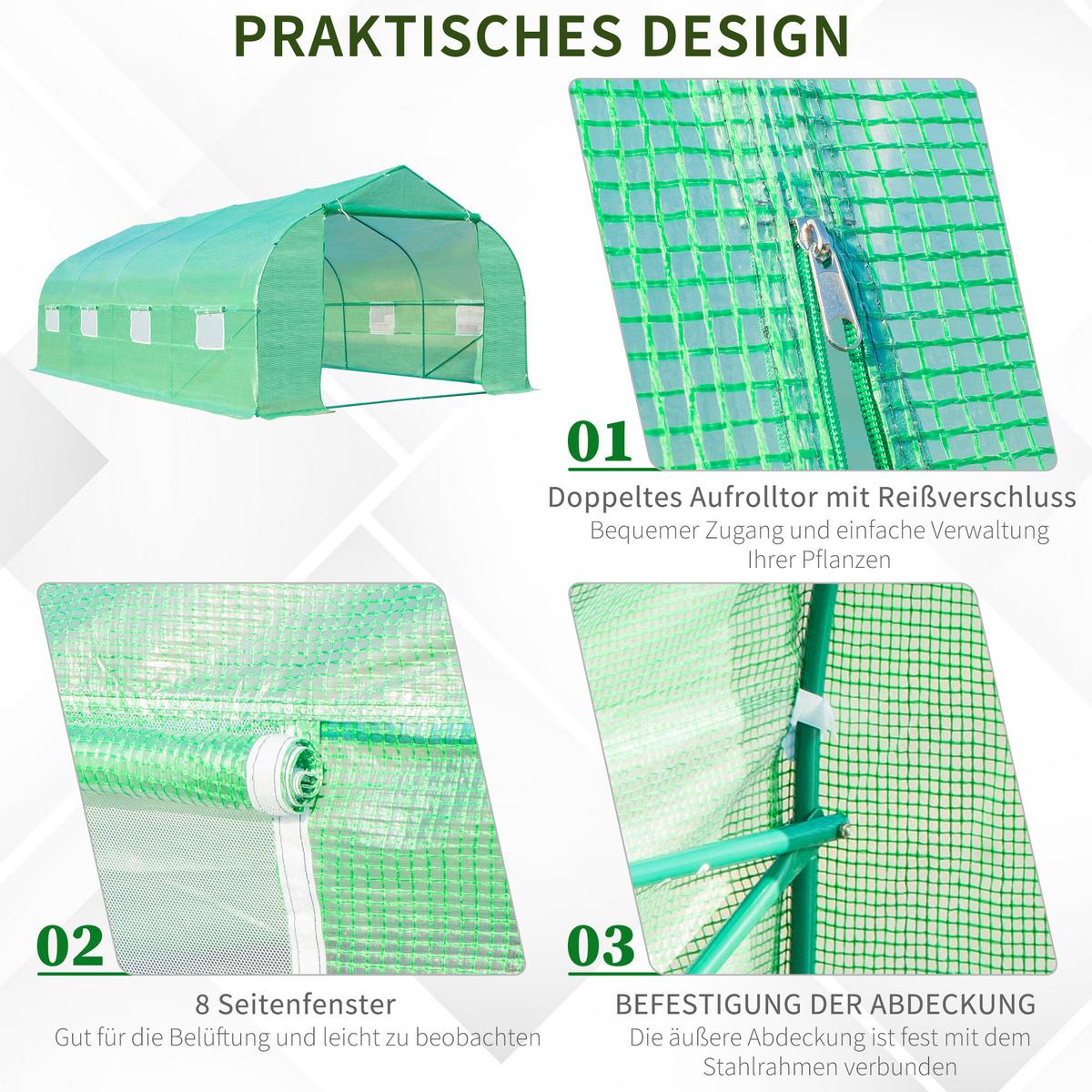 FOLIENGEWÄCHSHAUS, Grün, Eisenrohr, PE - Grün, Kunststoff (300/200/595cm) - Outsunny