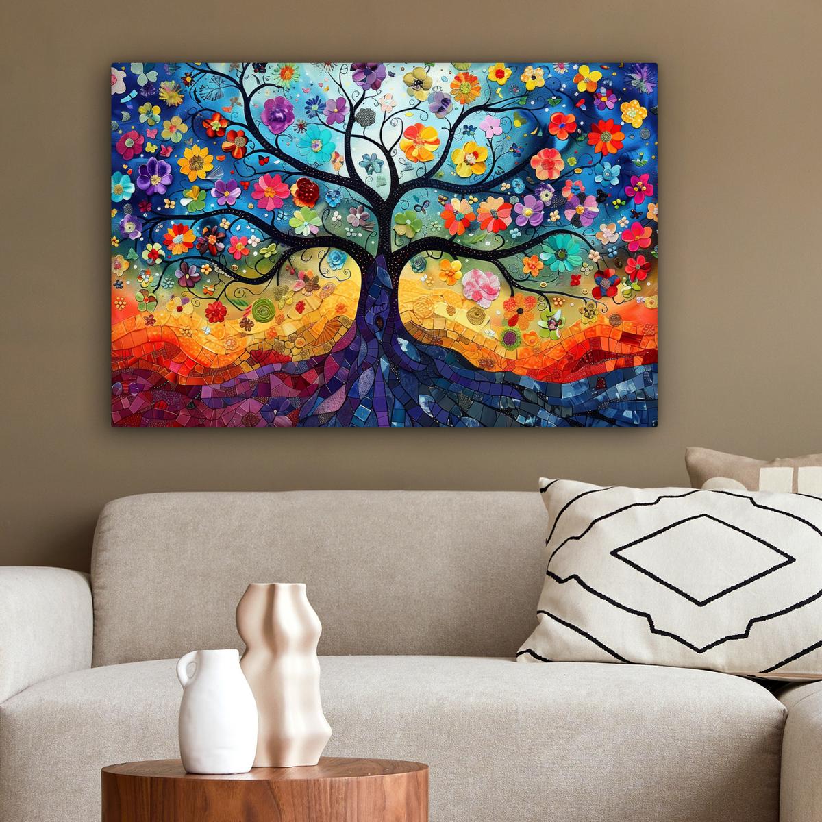 LEINWANDBILD Kunst - Baum des Lebens - Blumen - Hippie Wanddeko 90x60 cm - Dunkelblau, Textil (90/60cm) - MuchoWow