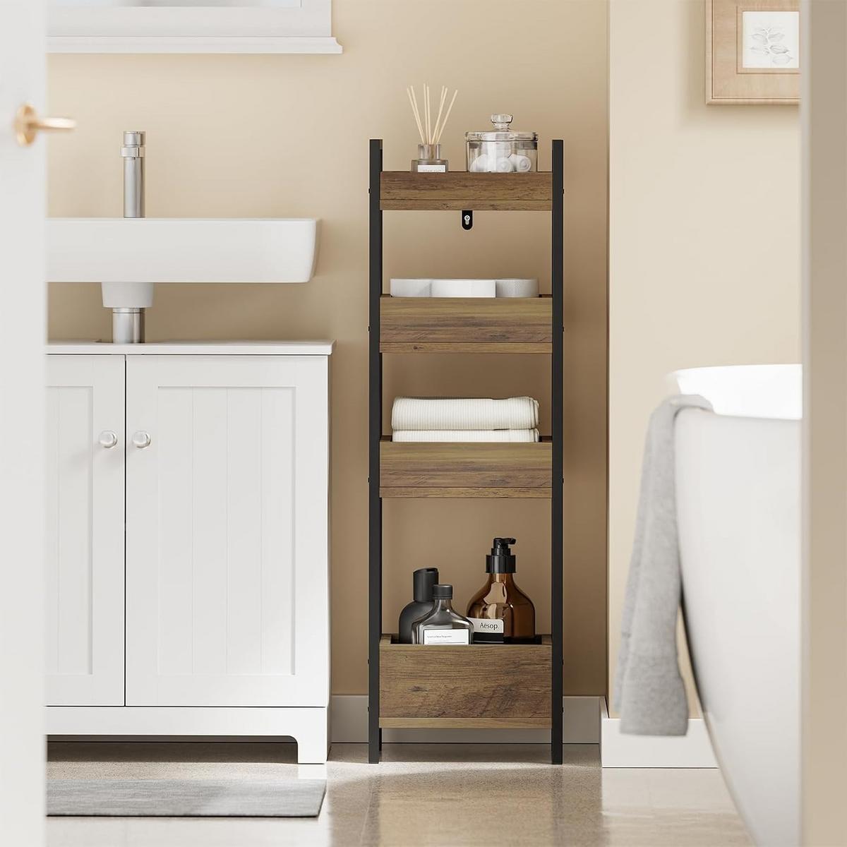 BADEZIMMERSCHRANK mit 4 Regalen, Schmal Industrial Design - Braun, Holzwerkstoff/Metall (90/20/28cm) - SoBuy