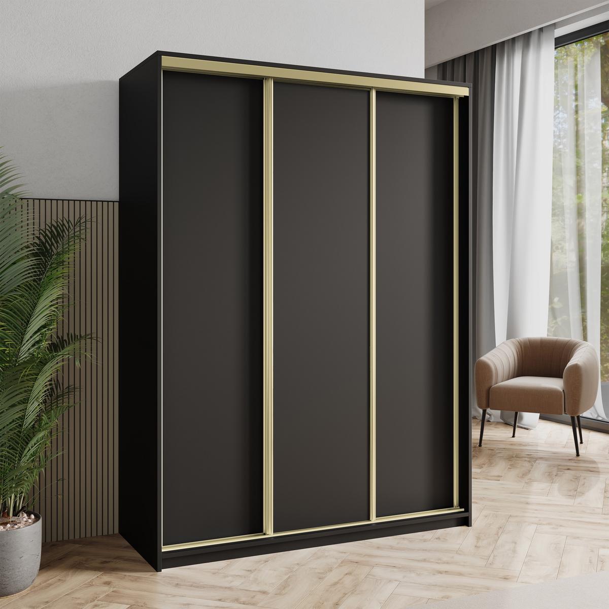 SCHWEBETÜRENSCHRANK NISSE 150/205/60 cm 3-türig Schwarz - Schwarz, Holzwerkstoff (150/205/60cm) - MASSENO