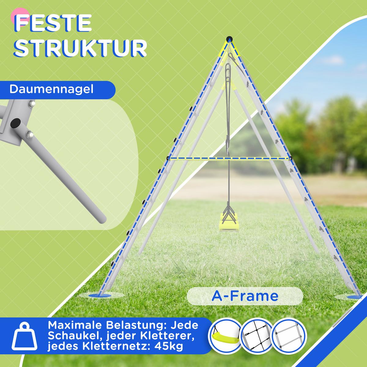 KINDERSCHAUKEL-SET, Kletternetz, Sprossenleiter, für 3-8 Jahre, wetterfest, Grün - Grün, Kunststoff/Metall (185/260cm) - Outsunny