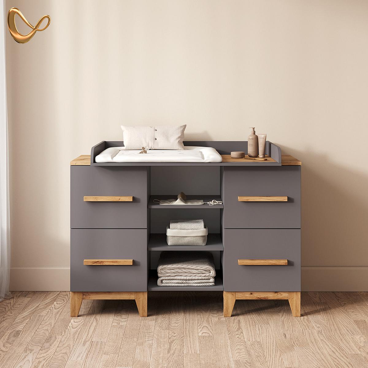WICKELKOMMODE Mailo Grau/Artisan XL mit 4 Schubladen - Eiche Artisan/Grau, Holzwerkstoff (133/108/70cm) - Livinity®