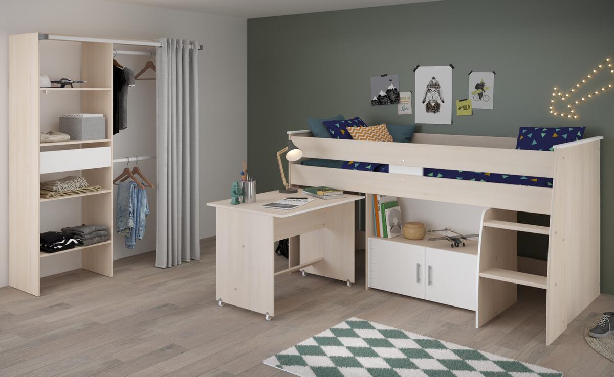 KINDERZIMMER-SET 2-teilig Akazie, weiß, Jugendzimmer mit Hochbett - Eichefarben/Silberfarben, Holzwerkstoff/Kunststoff (206/182/114cm) - Parisot Meuble