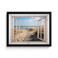 POSTER MIT RAHMENGERAHMTES BILD Fenster - Meer - Küste - Natur - Ausblick - Strand - Wattenmeer 40x30 cm - Beige, Papier (40/30cm) - MuchoWow