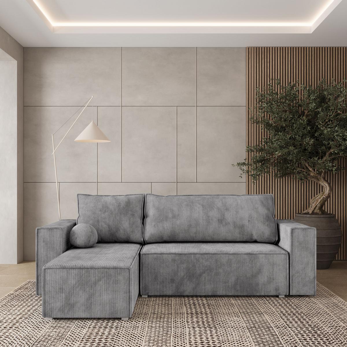 ECKSOFA RAVELO P Hellgrau Kordstoff mit Schlaffunktion - Hellgrau/Grau, Holz/Kunststoff (240/140cm) - MASSENO