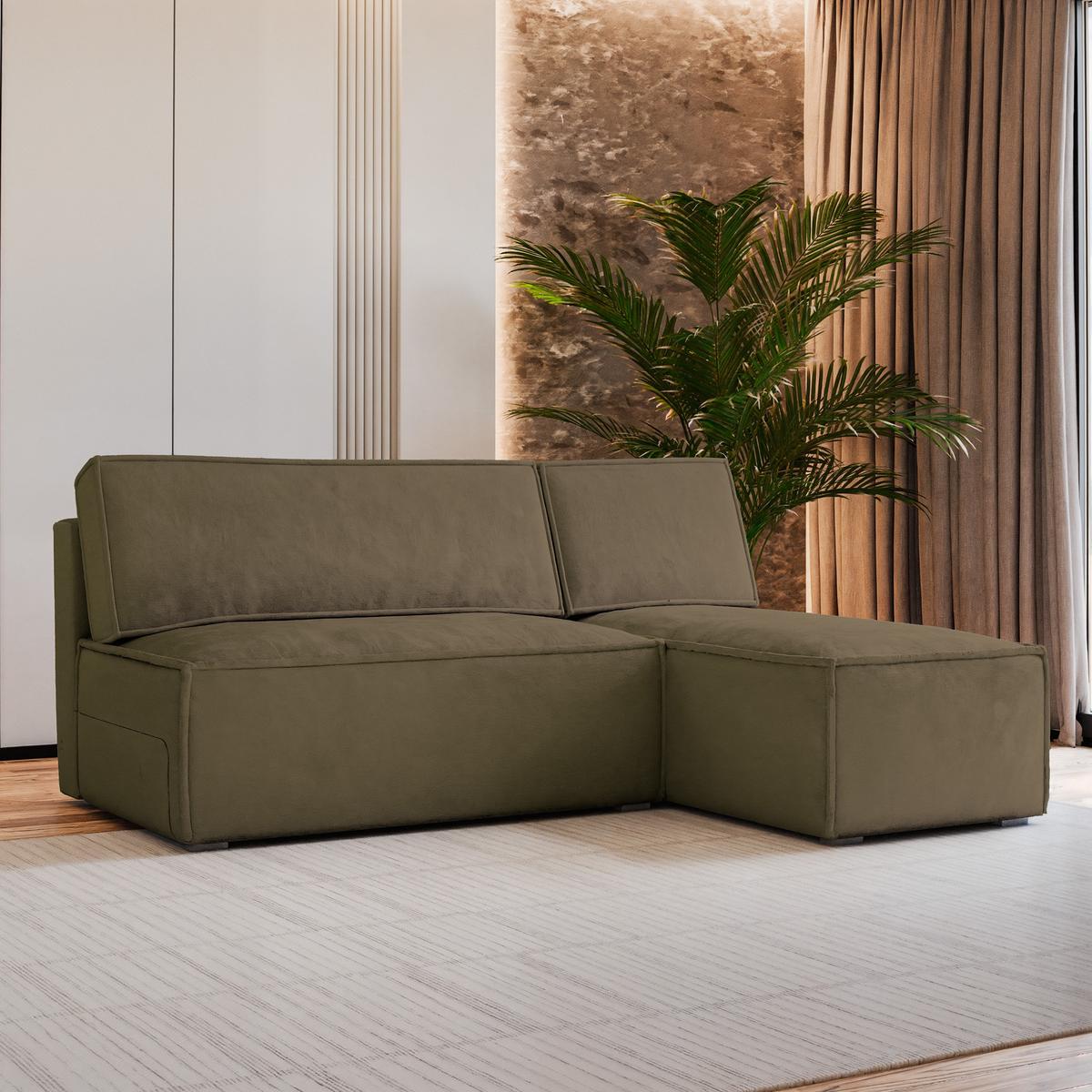 ECKSOFA BRISO M Beige Velours-Stoff mit Schlaffunktion - Beige/Grau, Holz/Kunststoff (200/140cm) - MASSENO