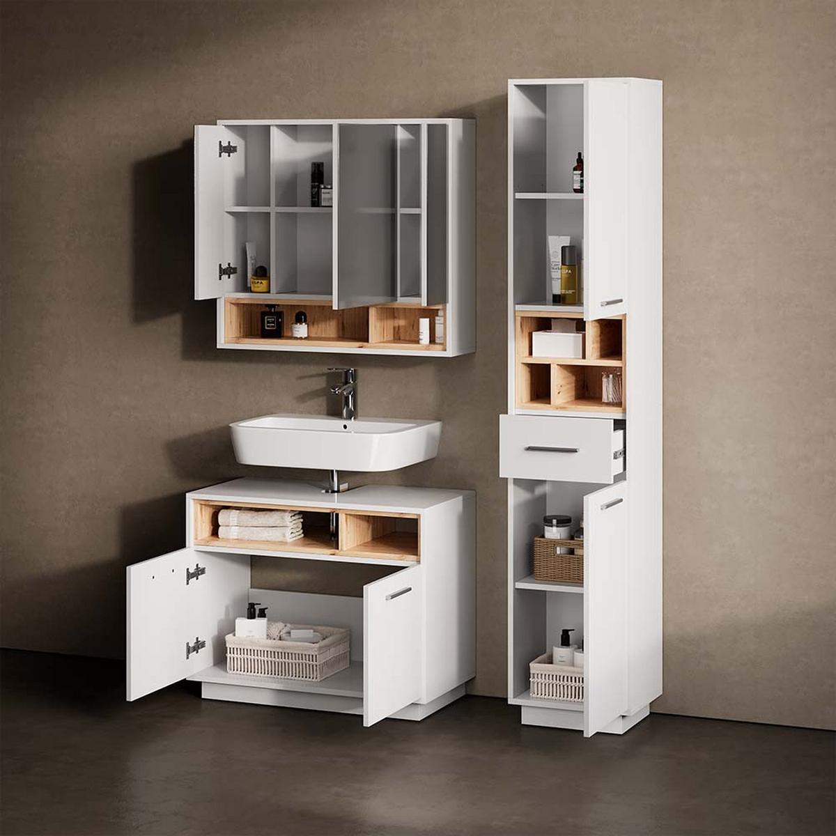 BADMÖBEL-SET Temo Weiß 3 Teile, mit Hochschrank - Weiß, Holzwerkstoff (80/190/40cm) - Livinity®