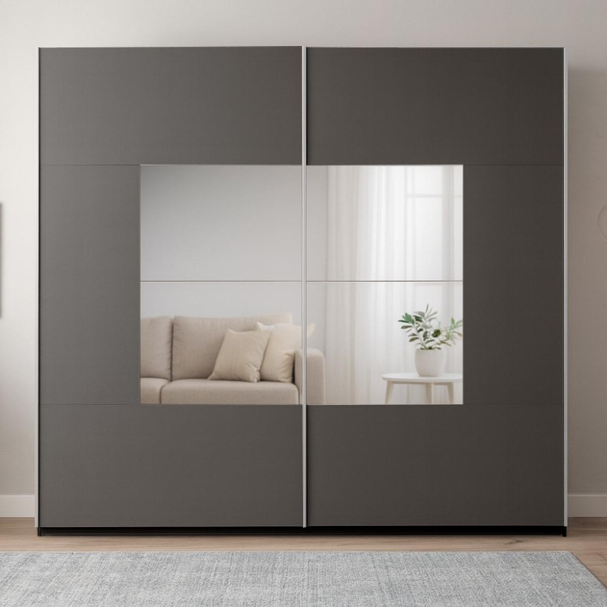 SCHWEBETÜRENSCHRANK Brooklyn mit 2 Türen und Spiegel, graphitfarben, 250 cm - Graphitfarben, Holzwerkstoff (250/215/65cm) - Beautysofa