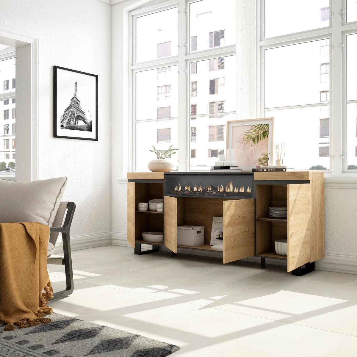 SIDEBOARD mit Elektrokamin, eiche, schwarz, 200/35/87cm - Beige/Multicolor, Holzwerkstoff (200/87/35cm) - Skraut Home