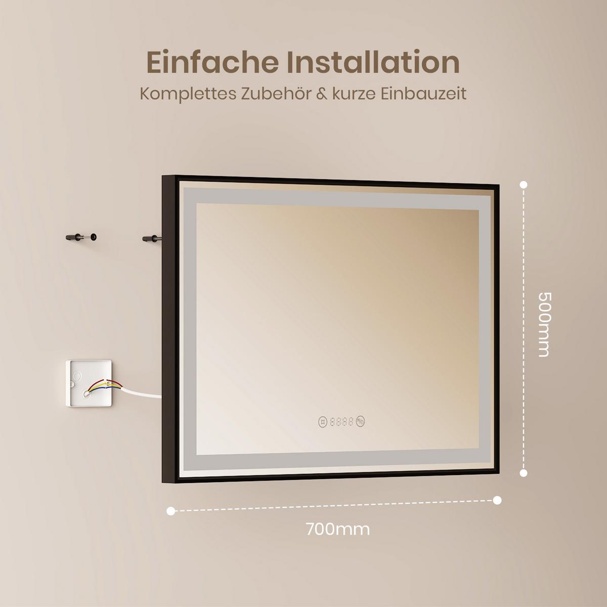 BADSPIEGEL mit Beleuchtung Schwarzer Rahmen 70/50 cm - Schwarz, Glas (70/50/3.5cm) - EMKE