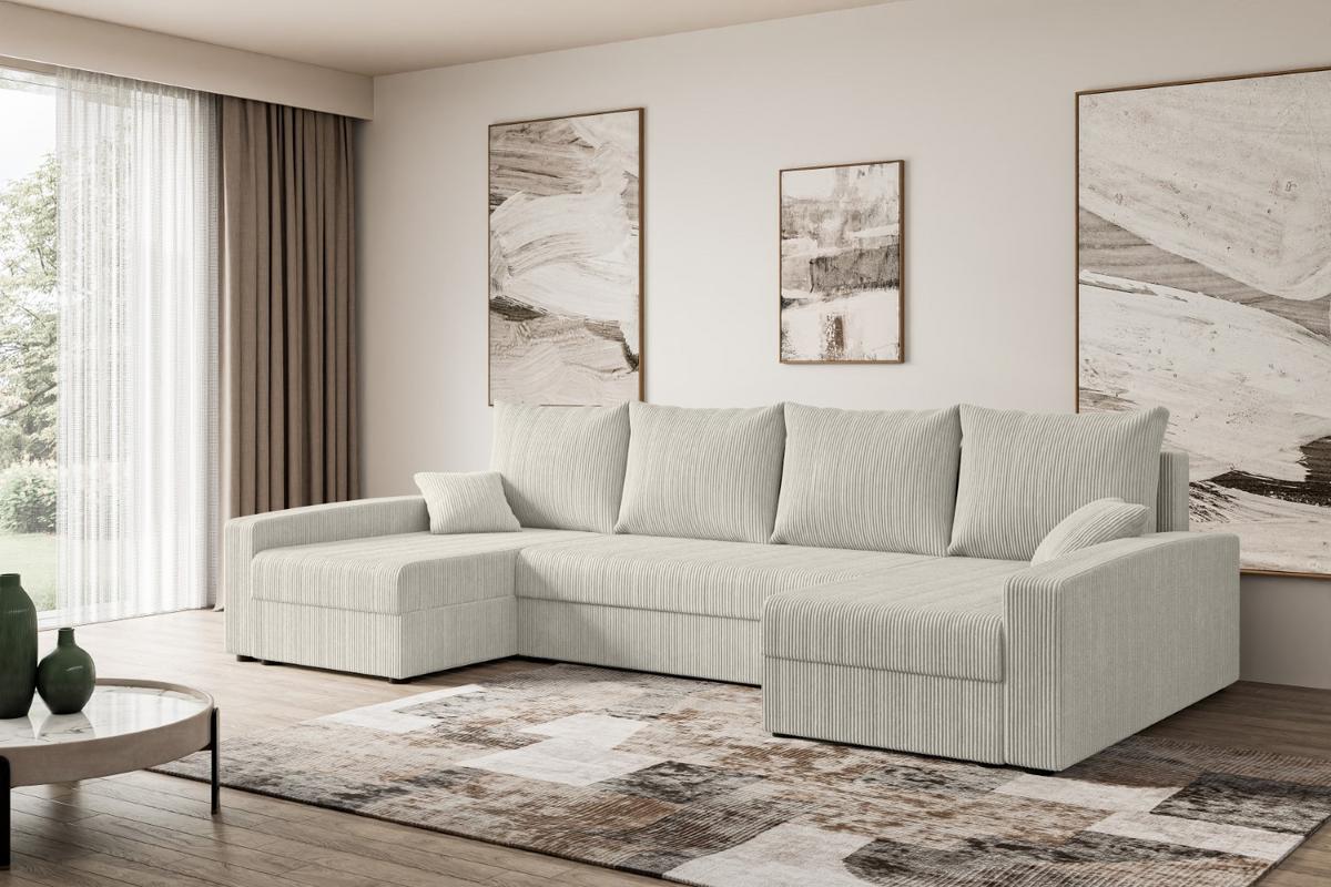 WOHNLANDSCHAFT mit Schlaffunktion und Bettkasten ALESIA-U 301x140x90 cm Creme Cord - Silberfarben/Hellgrau, Holzwerkstoff/Kunststoff (301/90/140cm) - ALTDECOR