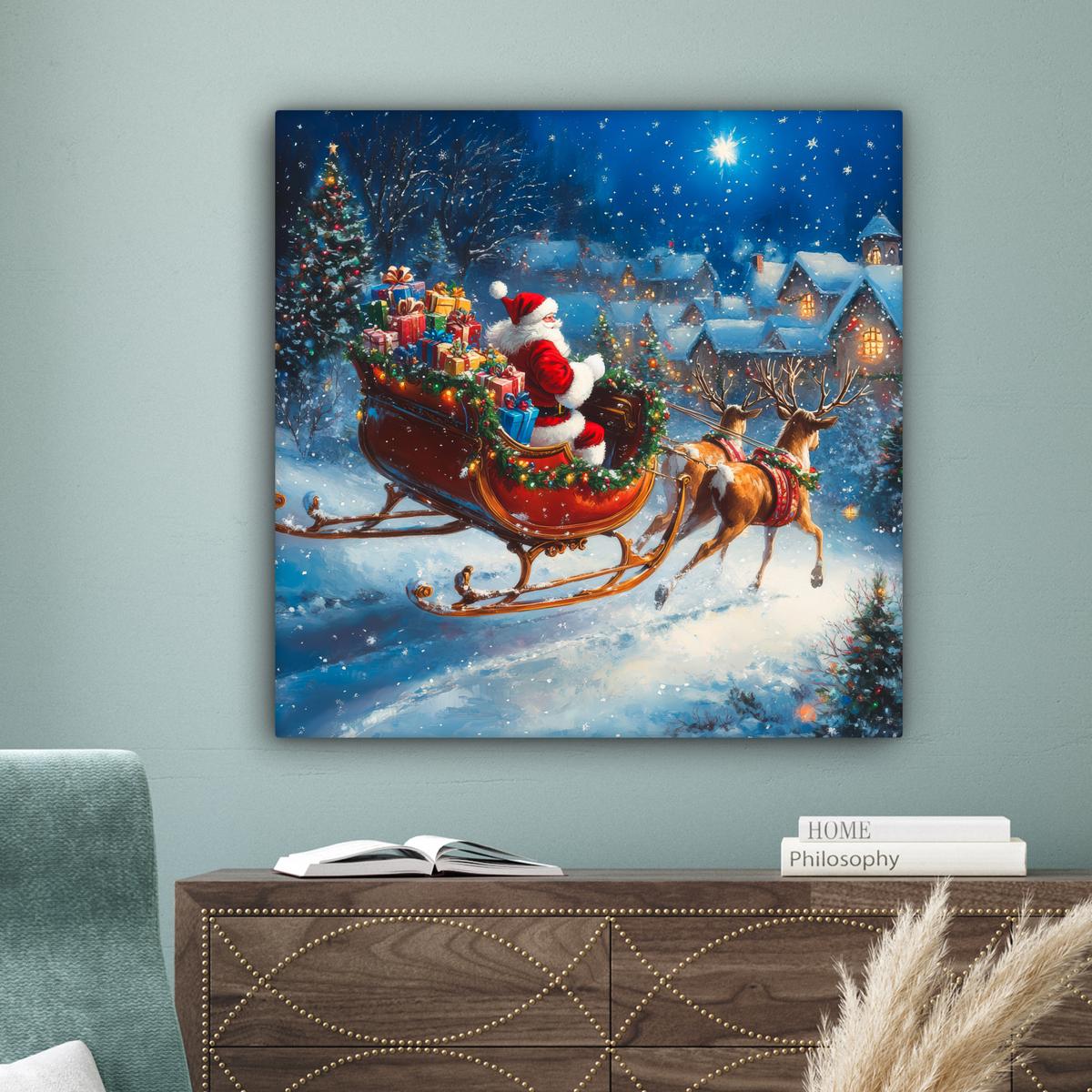 LEINWANDBILD Weihnachtsmann - Rentier - Weihnachten - Schnee Deko Groß 90x90 cm - Cognac, Textil (90/90cm) - MuchoWow