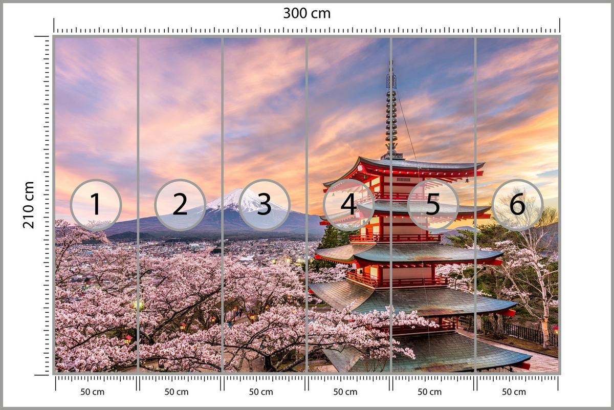 FOTOTAPETE für Wohnzimmer Japanische Pagode Frühling Sonnenuntergang 300x210 - Rot/Violett, Papier (300/210cm) - Muralo