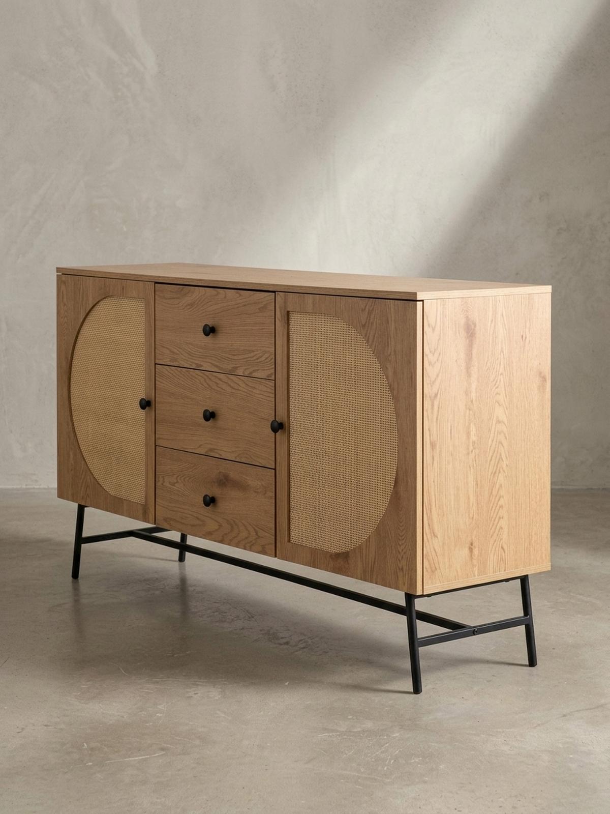 SIDEBOARD – Eiche-Dekor/Rattan, 140x80x40 cm, 2 Türen, 3 Schubladen, hoch - Schwarz/Braun, Holzwerkstoff/Metall (140/80/40cm) - KADIMA DESIGN
