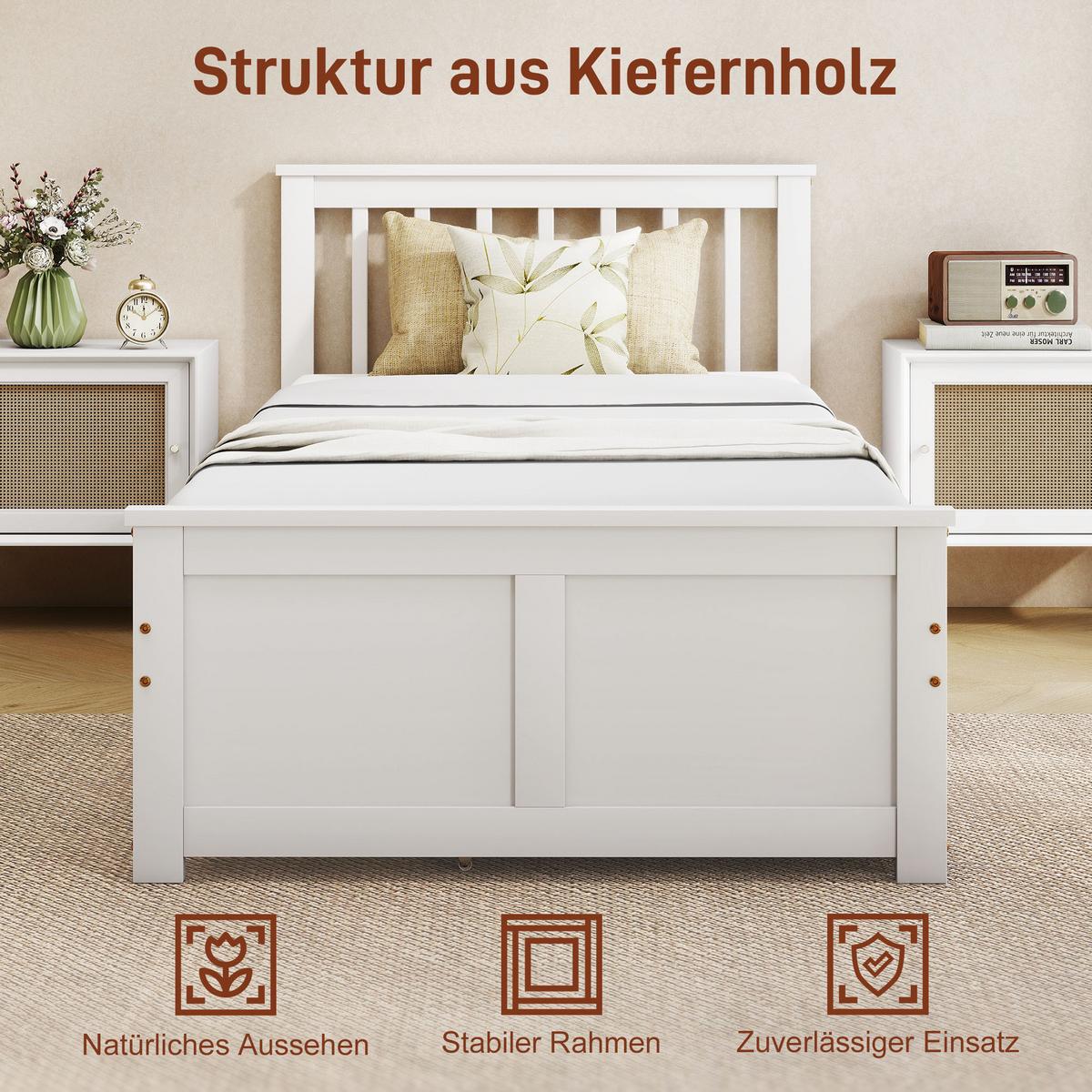 BETTGESTELL Kiefernholz MDF Weiß - Weiß, Holzwerkstoff (90/200cm) - HOMCOM