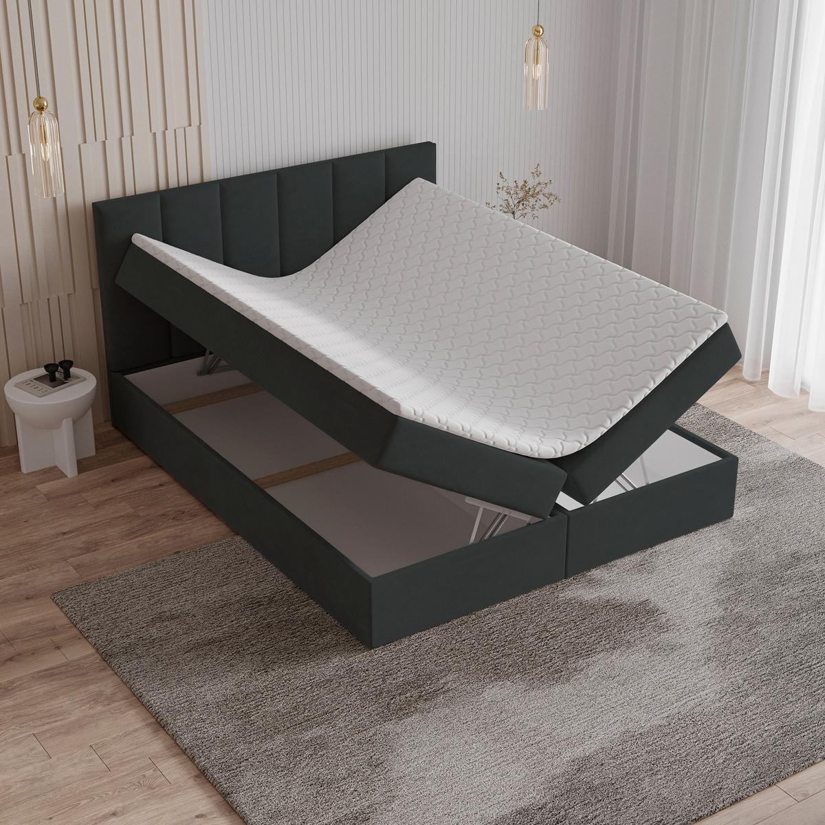 BOXBETT MERIL 180x200 cm mit Matratze und Topper - Schwarz - Schwarz, Holz (180/200cm) - MASSENO