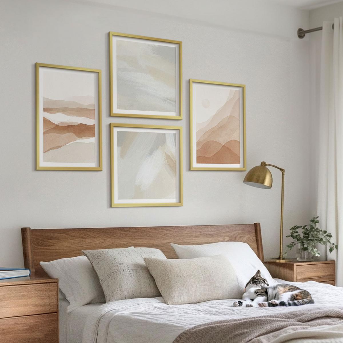 BILDER SET 4er Set - 50x50 cm & 40x60 cm Goldrahmen - Abstrakte braune Landschaften - Goldfarben, Kunststoff (50/50cm) - TULUP