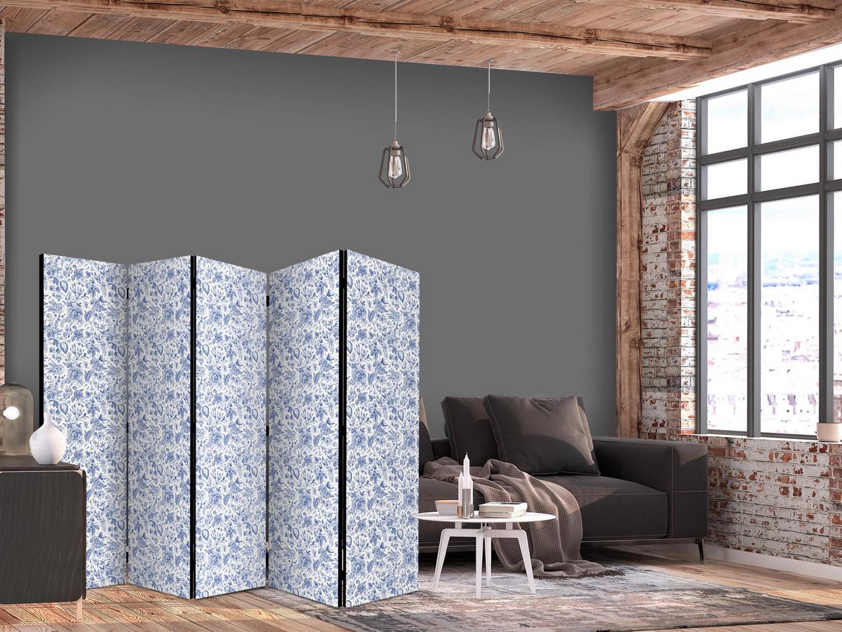 PARAVENT Akustik 5-tlg 225x172 cm Blaue Blumen - Blau, Holz/Textil (225/172/3cm) - Muralo