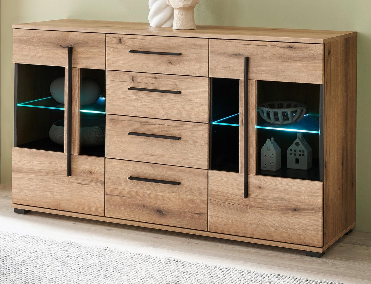 SIDEBOARD Eiche Evoke, Kommode 150 cm mit Soft-Close - Eichefarben/Schwarz, Glas/Holzwerkstoff (150/86/42cm) - Furn.Design