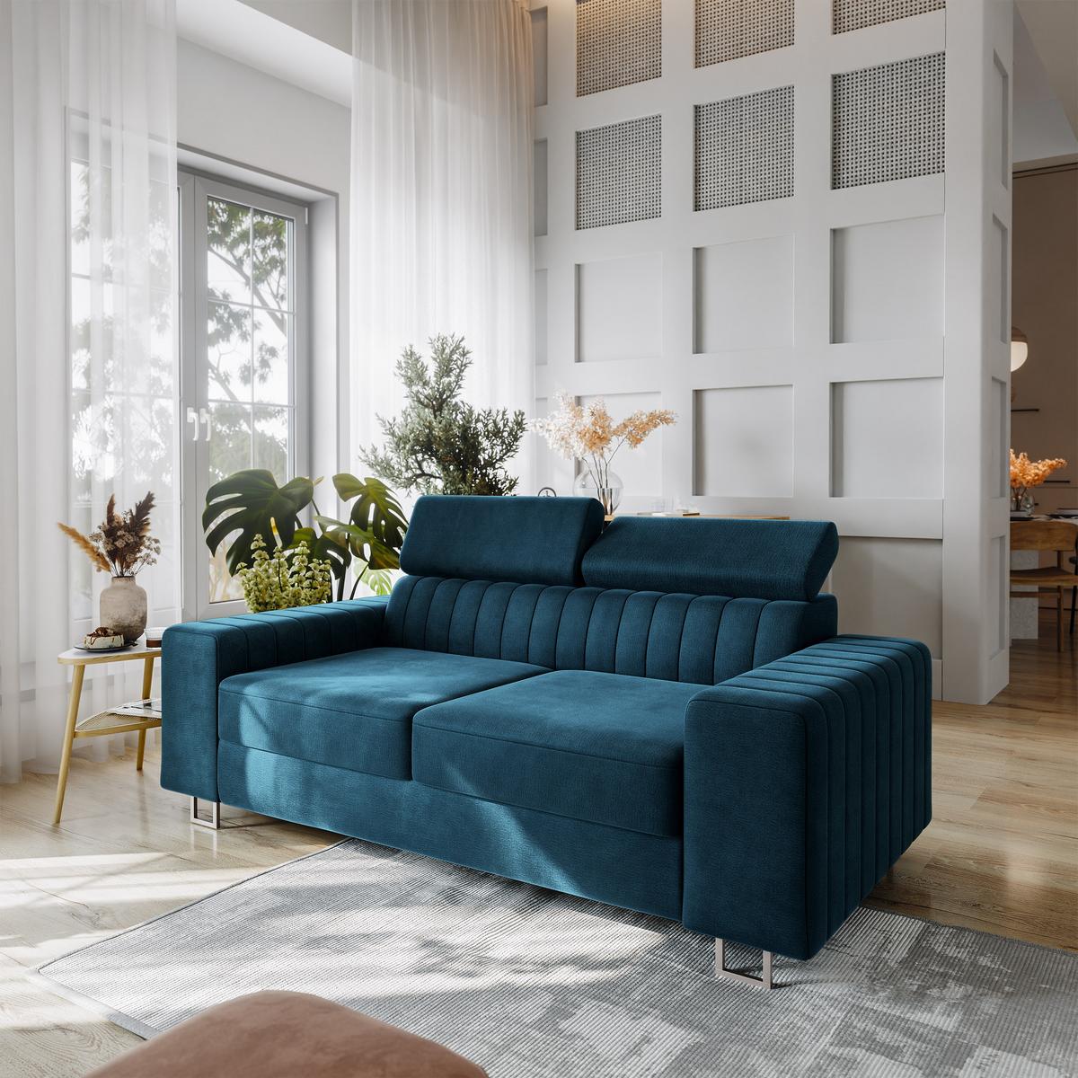 BETTSOFA SOLAN Blau Velours-Stoff mit Schlaffunktion - Blau, Holz/Textil (194/88/90cm) - MASSENO