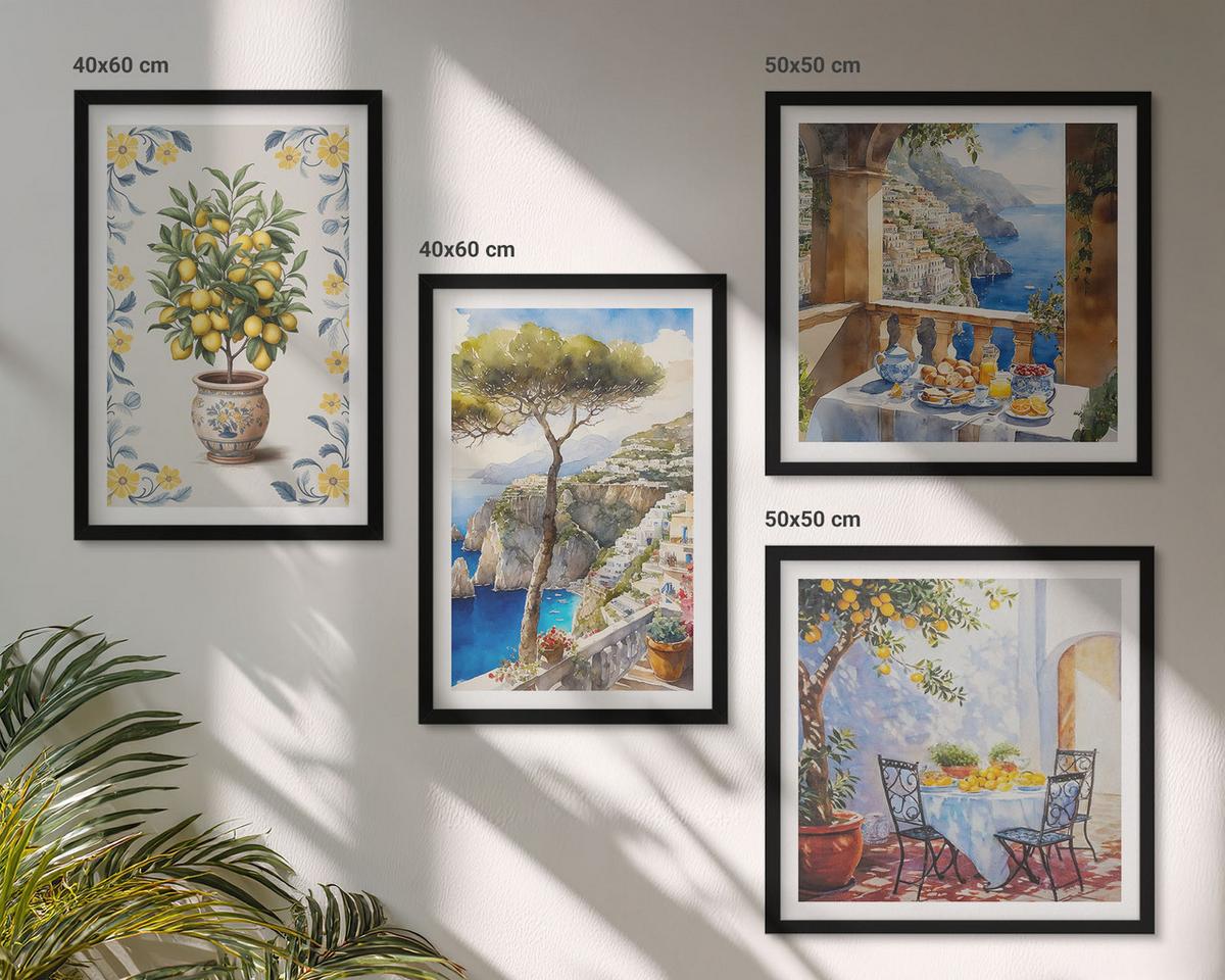 BILDER SET 4er Set - 50x50 cm & 40x60 cm Schwarzer Rahmen - Gemälde von Zitronenbäumen - Schwarz, Kunststoff (50/50cm) - TULUP