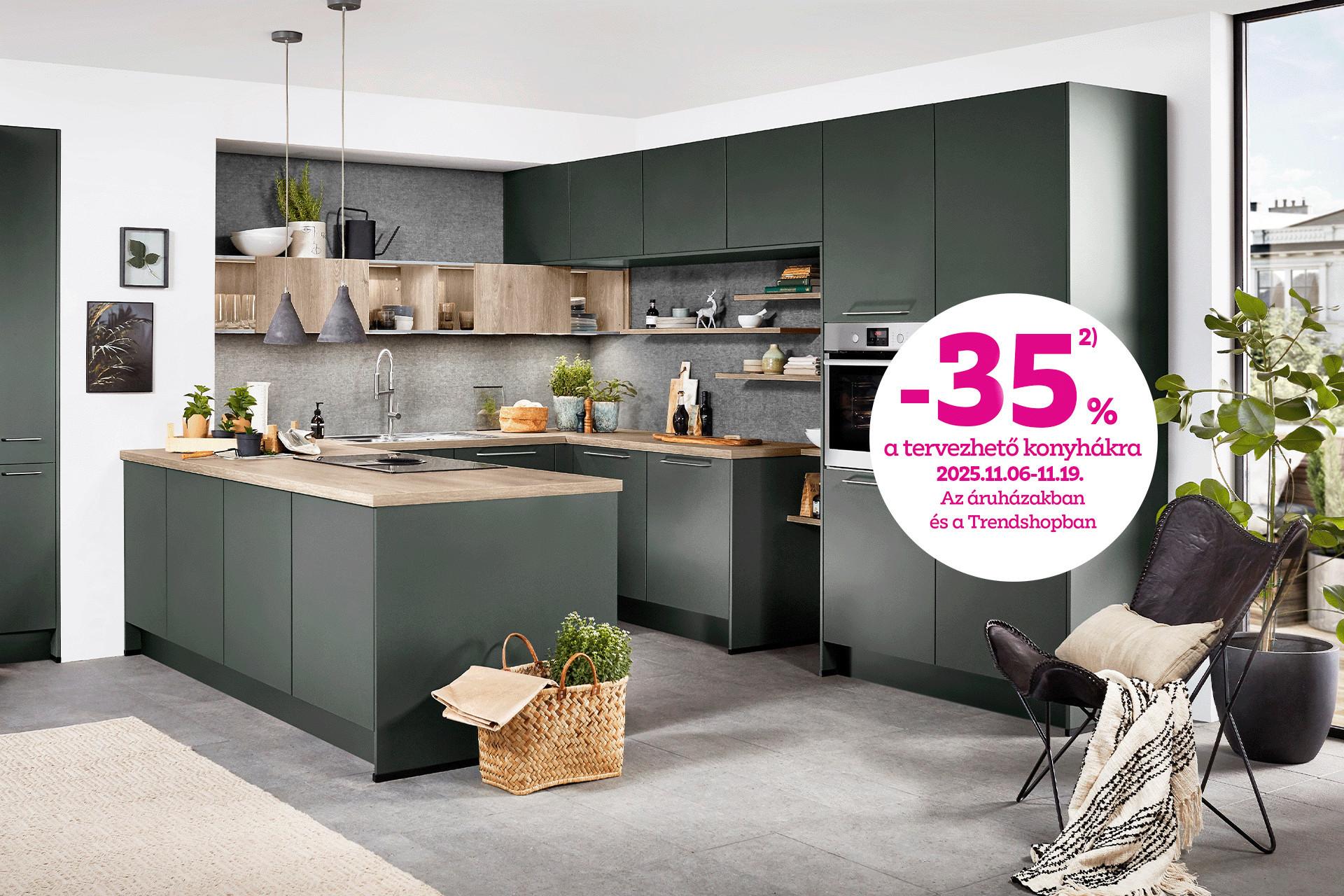-35% a tervezhető konyhákra 2025.11.06-11.19. között az áruházakban és a Trendshopban